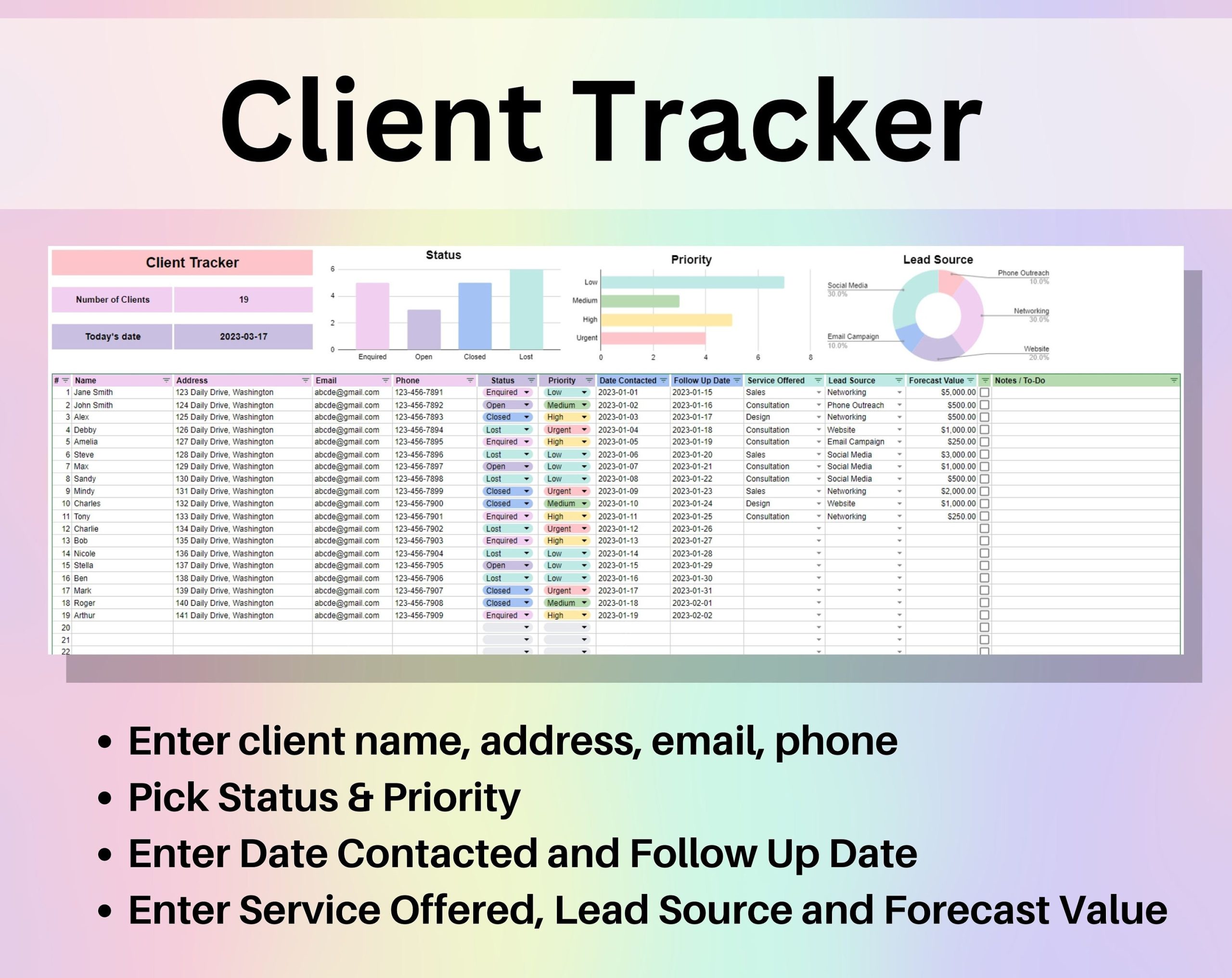 Client Tracker Spreadsheet Google Sheets & Excel | Small Business Contact Manager, Customer Database, Project Tracker - Image 2
