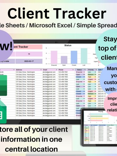 Client Tracker Spreadsheet Google Sheets & Excel | Small Business Contact Manager, Customer Database, Project Tracker