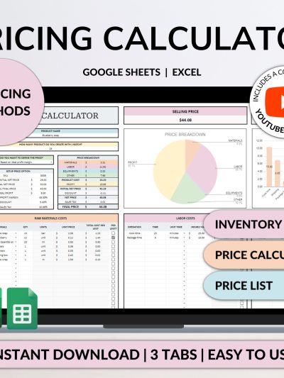 Pricing Calculator for Small Business Google Sheets Excel Business Tracker Handmade Products Pricing Template Profit Margin Pricing Guide