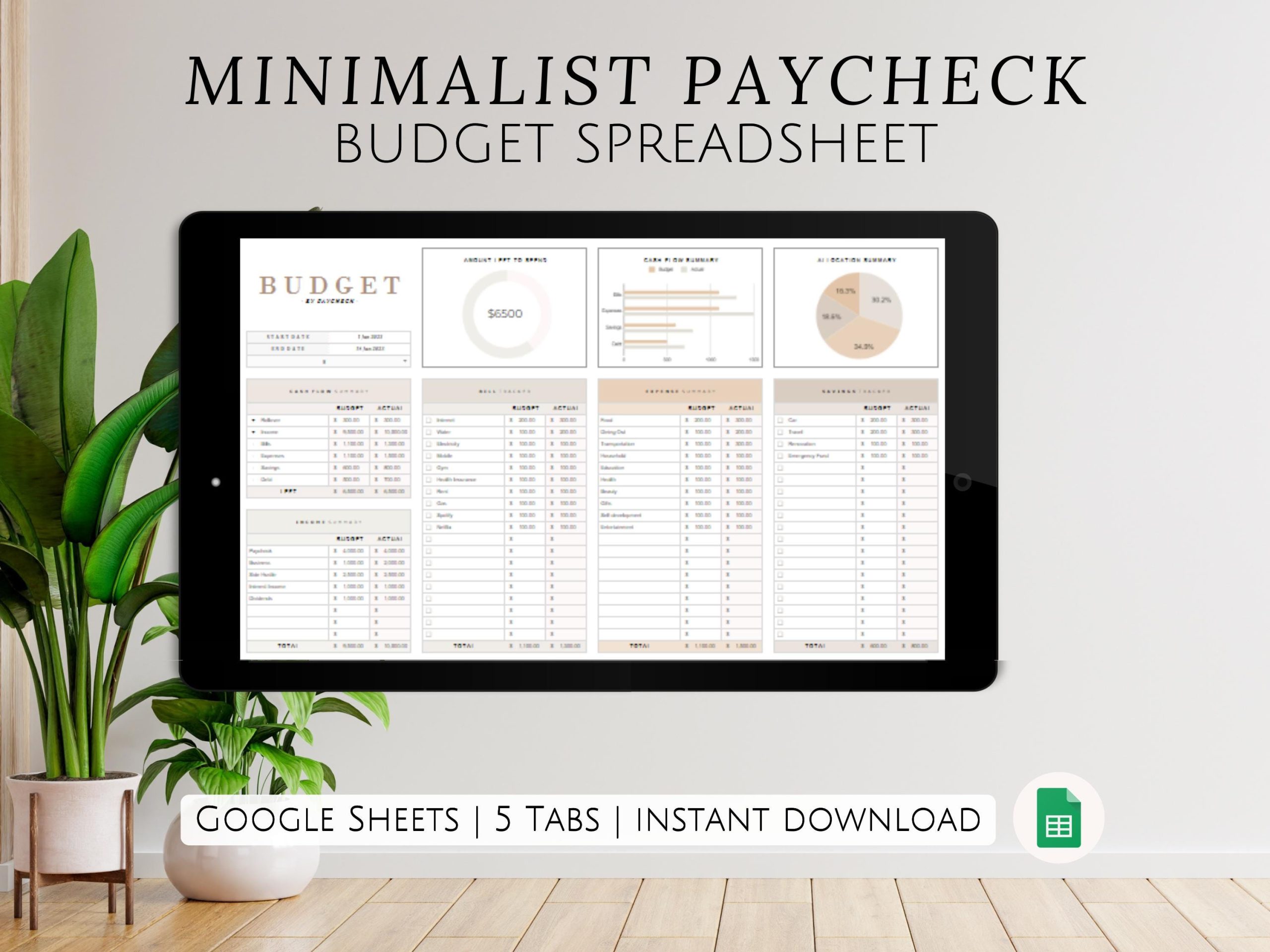 Ultimate Minimalist Paycheck Budget Google Sheets Spreadsheet for Freelancers Expenses Savings Tracker for Small Business Owners Planner