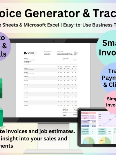 Invoice Generator & Tracker Google Sheets and Excel | Smart Invoice Template Small Business Billing Log Spreadsheet Payment Tracker Estimate