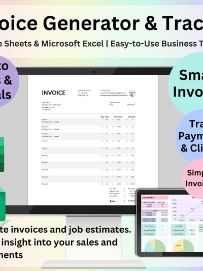 Invoice Generator & Tracker Google Sheets and Excel | Smart Invoice Template Small Business Billing Log Spreadsheet Payment Tracker Estimate