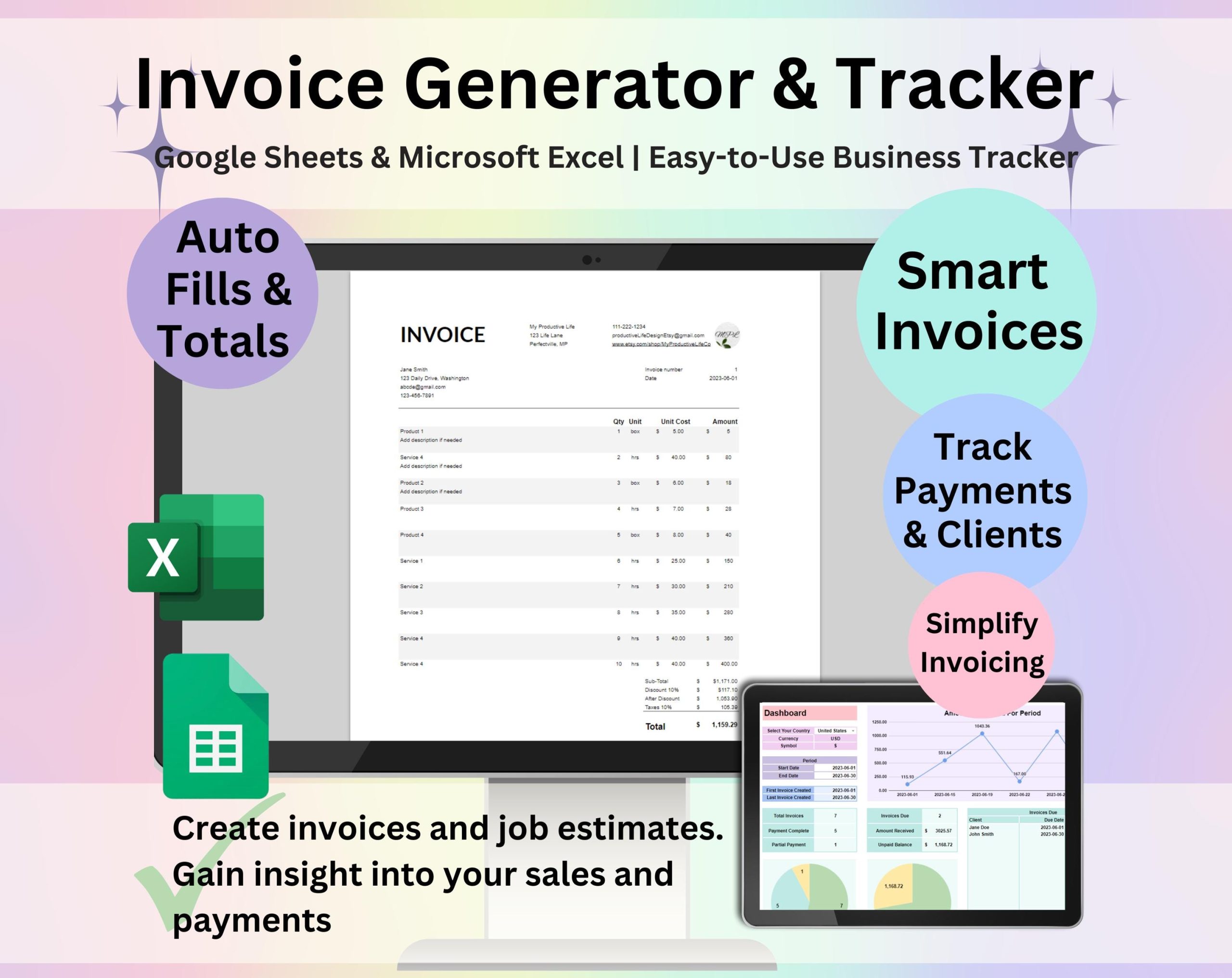 Invoice Generator & Tracker Google Sheets and Excel | Smart Invoice Template Small Business Billing Log Spreadsheet Payment Tracker Estimate