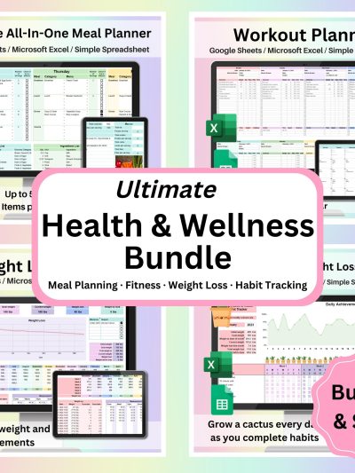 Health & Wellness Spreadsheet Bundle Google Sheets Excel Meal Planner Workout Tracker Weight Loss Habit Tracker Fitness and Nutrition Bundle