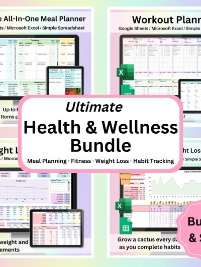 Health & Wellness Spreadsheet Bundle Google Sheets Excel Meal Planner Workout Tracker Weight Loss Habit Tracker Fitness and Nutrition Bundle
