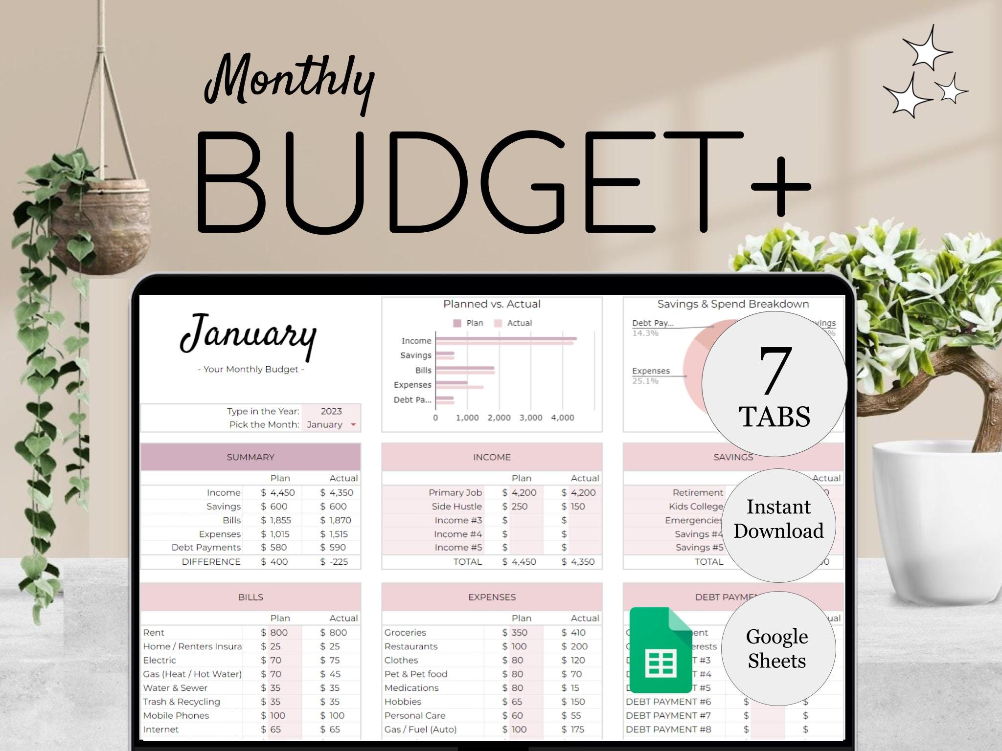 Monthly Budget Plus Spreadsheet | Simple Annual Budget | Personal Finances Excel | Easy Google Sheets | Financial Planner | All-In-One