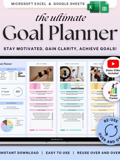 Goal Planner Google Sheets Excel Simple Goal Tracker Spreadsheet SMART Goal Setting Template Annual Vision Board 2026 New Year's Resolutions