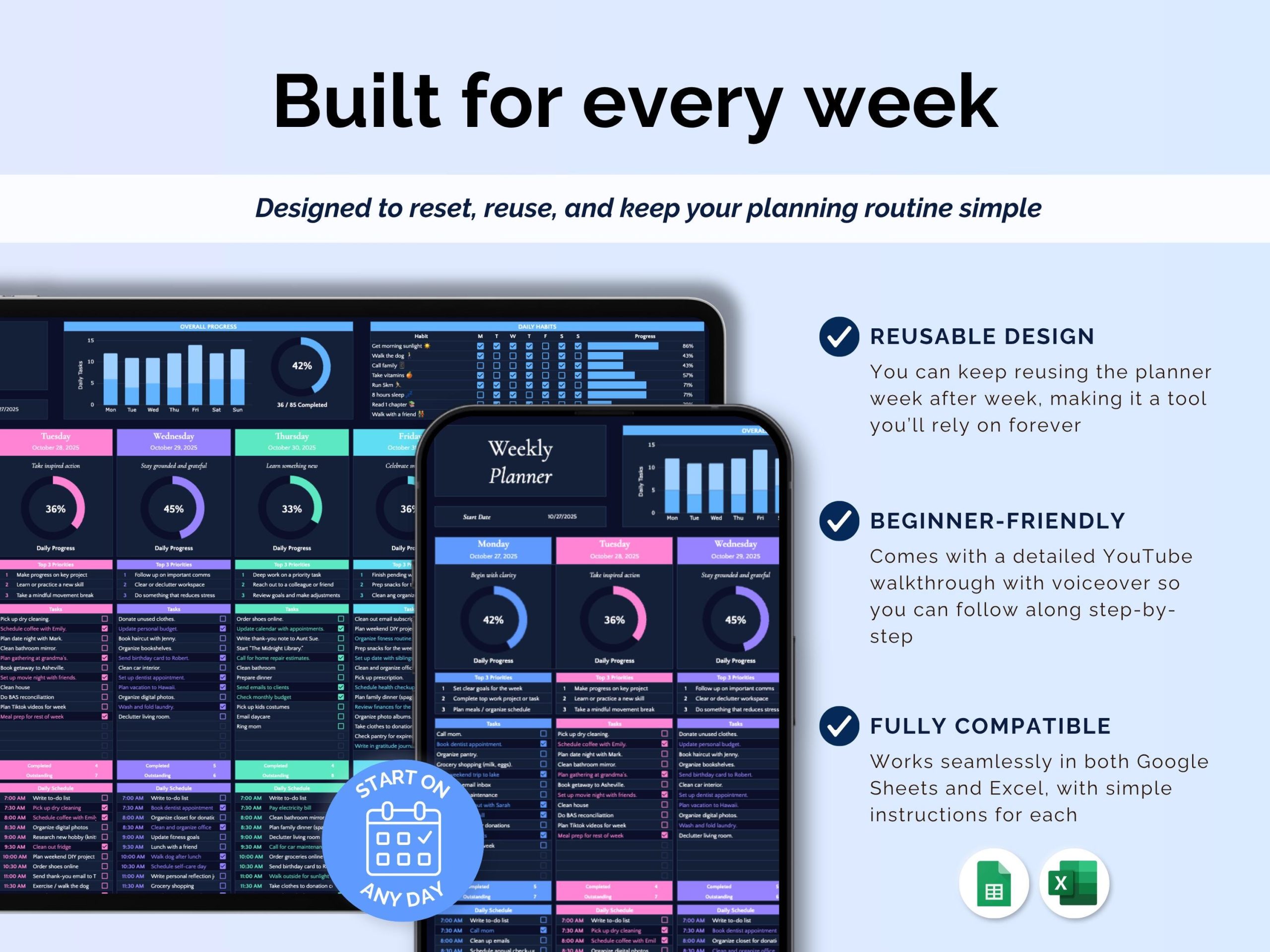 Weekly Planner Daily Task Tracker Spreadsheet Routine To Do List Template Habit Tracker Productivity Plan Goal Planner Google Sheets - Image 6