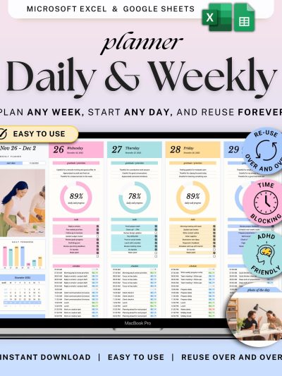 Weekly Planner Daily Schedule Google Sheets ADHD Weekly Time Blocking Planner Routine To Do List Excel Spreadsheet Productivity Template