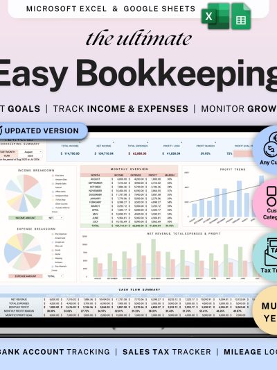 Small Business Bookkeeping Template Income Expense Tracker Google Sheets Excel Profit & Loss Accounting Spreadsheet Self Employed Freelancer