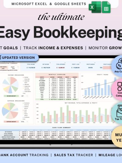 Small Business Bookkeeping Template Income Expense Tracker Google Sheets Excel Profit & Loss Accounting Spreadsheet Self Employed Freelancer