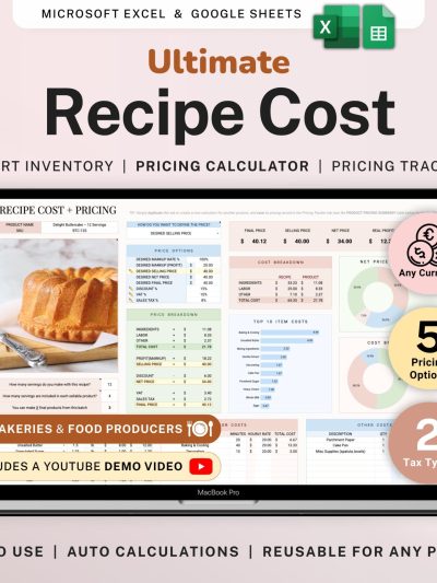 Recipe Cost and Pricing Calculator Spreadsheet for Bakery and Food Business Pricing Tool Google Sheets Excel Cake Ingredient Cost and Profit