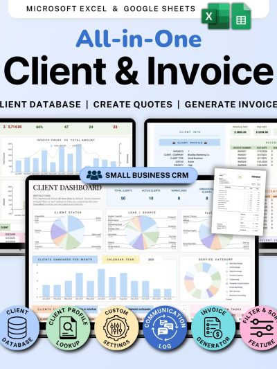 Invoice & Client Tracker Spreadsheet for Small Business CRM Google Sheets Invoice Tracker Generator Excel Lead Management Payment Tracker