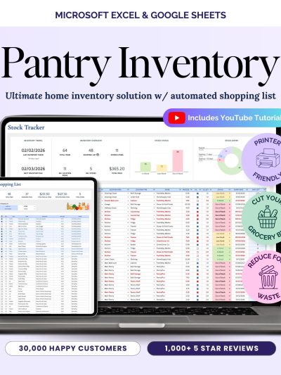 Pantry Inventory Tracker Spreadsheet Food Storage Freezer and Fridge Organizer Kitchen Stock & Grocery Shopping List Excel and Google Sheets