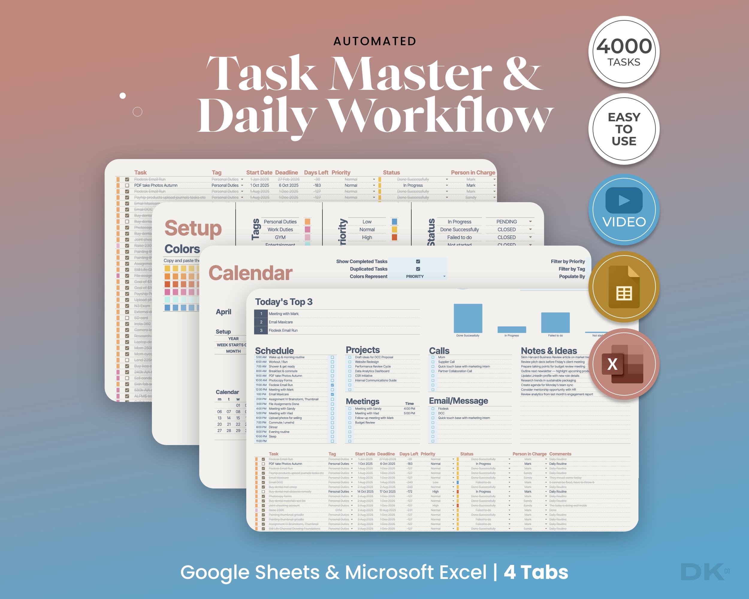 Automated Task Master & Workflow Organizer (Google Sheets, Excel)