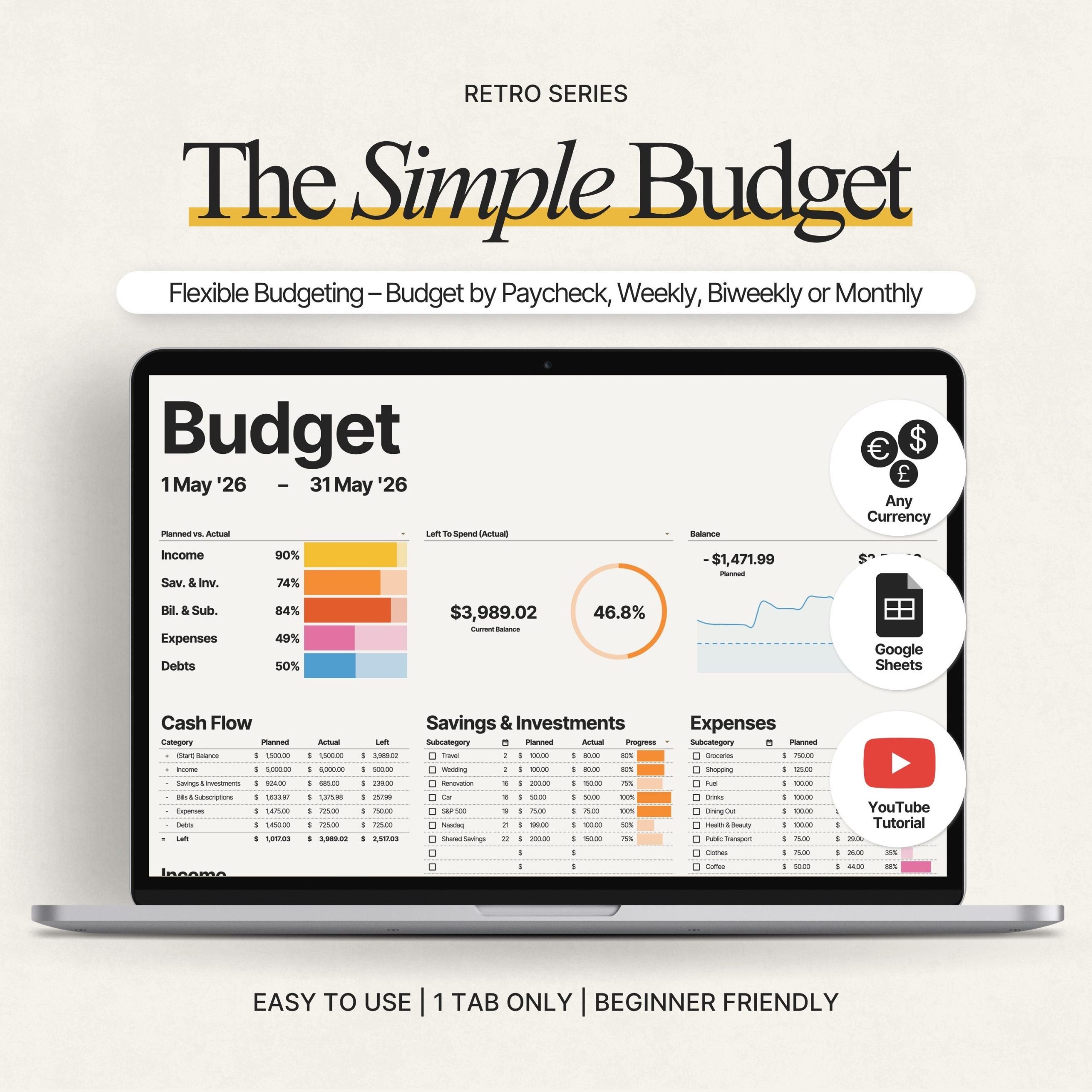 Simple Budget Spreadsheet Google Sheets: Financial Planner & Spending Tracker – Budget Weekly, Biweekly or Monthly