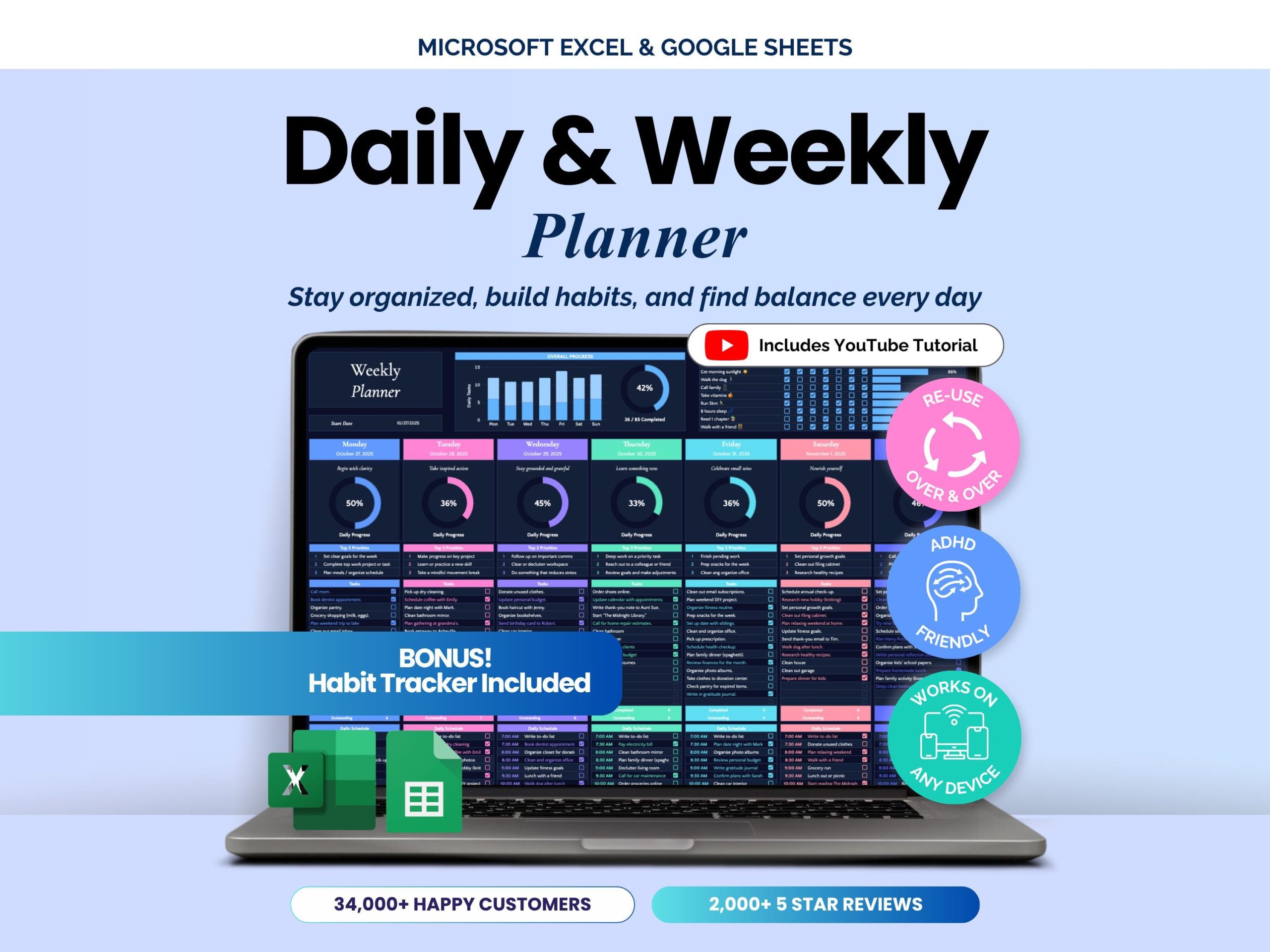 Weekly Planner Daily Task Tracker Spreadsheet Routine To Do List Template Habit Tracker Productivity Plan Goal Planner Google Sheets
