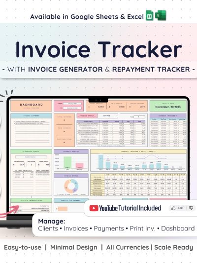 Invoice Tracker & Payment Manager with Invoice Generator | Invoice, Client Payments and Dashboard | Small Business Spreadsheet Template