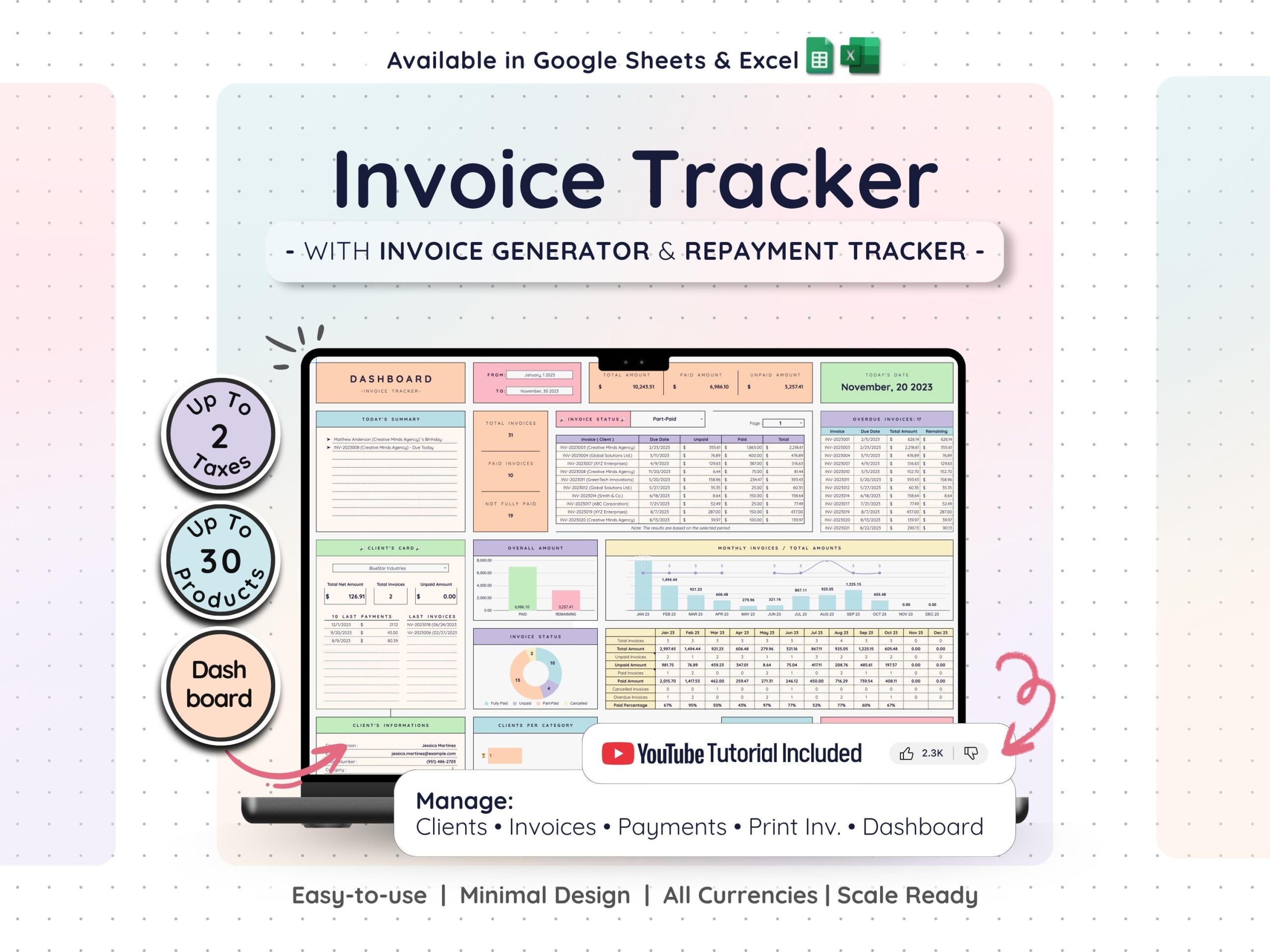 Invoice Tracker & Payment Manager with Invoice Generator | Invoice, Client Payments and Dashboard | Small Business Spreadsheet Template