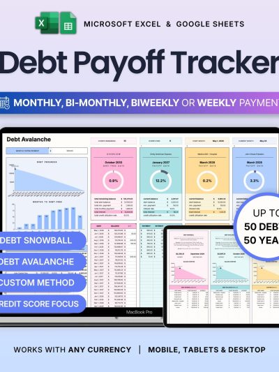 Debt Payoff Tracker Debt Snowball Avalanche Calculator Credit Card Payoff Spreadsheet Debt Free Planner Google Sheets Excel Loan Tracker