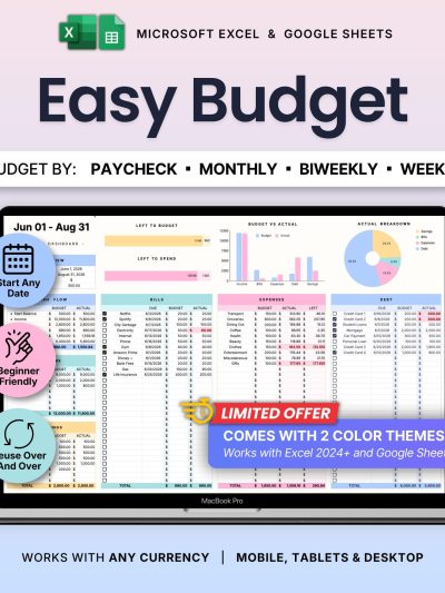 Simple Budget Google Sheets Excel Paycheck Budget Spreadsheet Monthly Budget Tracker Biweekly Budget by Paycheck Salary Budget Weekly