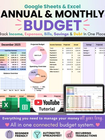 Annual & Monthly Budget Spreadsheet | Google Sheets and Excel Financial Planner Template | Monthly Income, Expense and Bill Tracker