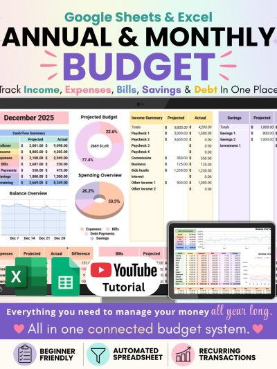 Annual & Monthly Budget Spreadsheet | Google Sheets and Excel Financial Planner Template | Monthly Income, Expense and Bill Tracker