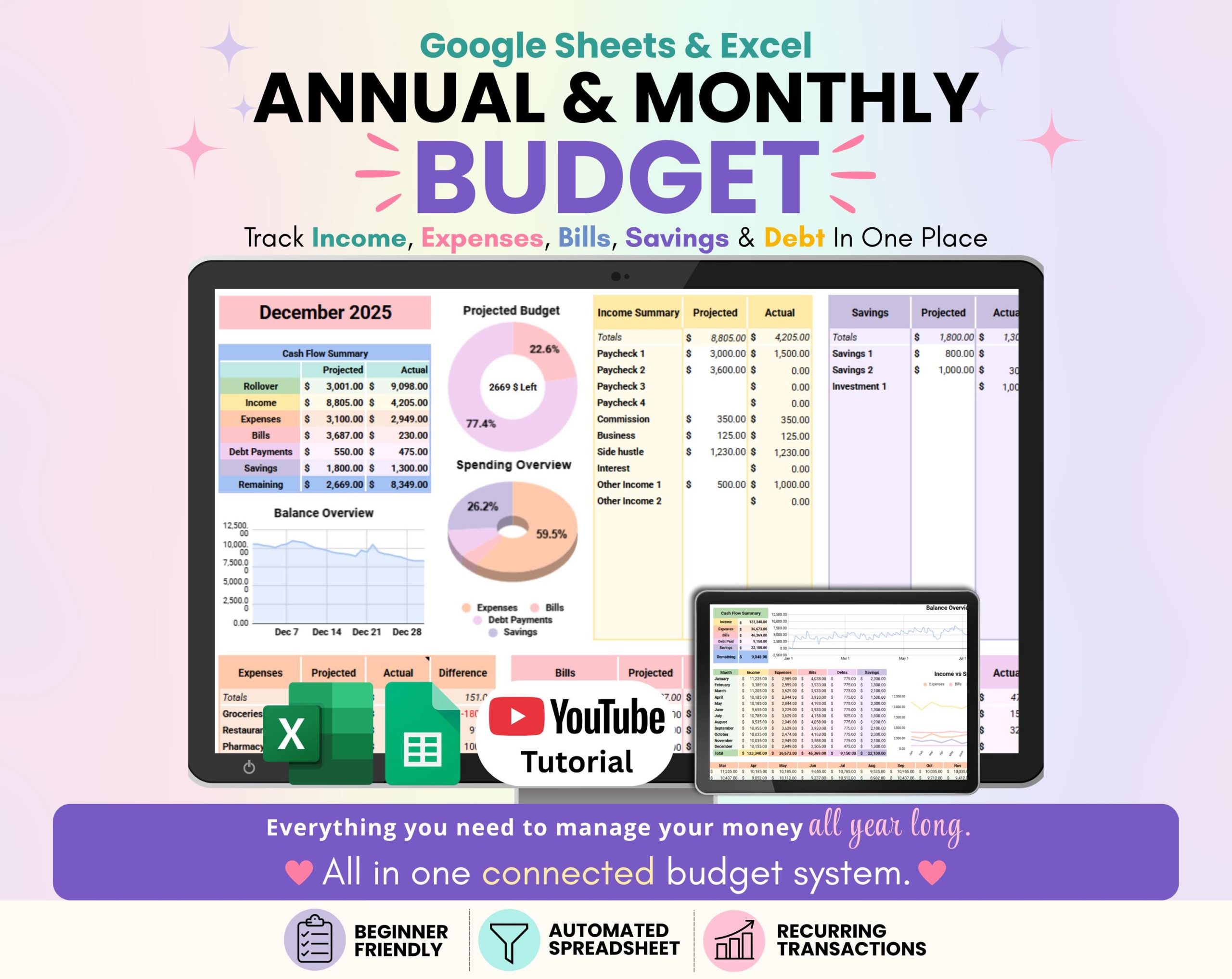 Annual & Monthly Budget Spreadsheet | Google Sheets and Excel Financial Planner Template | Monthly Income, Expense and Bill Tracker